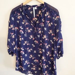LC Lauren Conrad | Navy Floral Sheer Shoulder Top